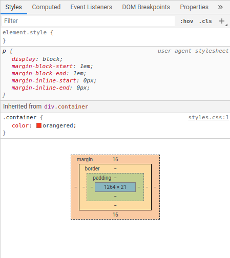 The Chrome Developer Tools showing the inherited styles applied to the paragraph element.