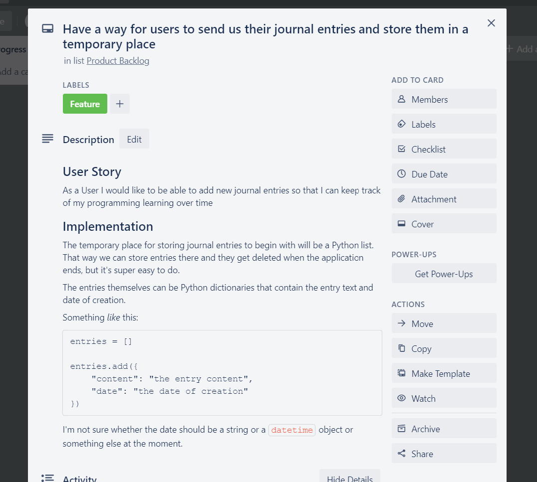 Adding technical planning information to the Trello card