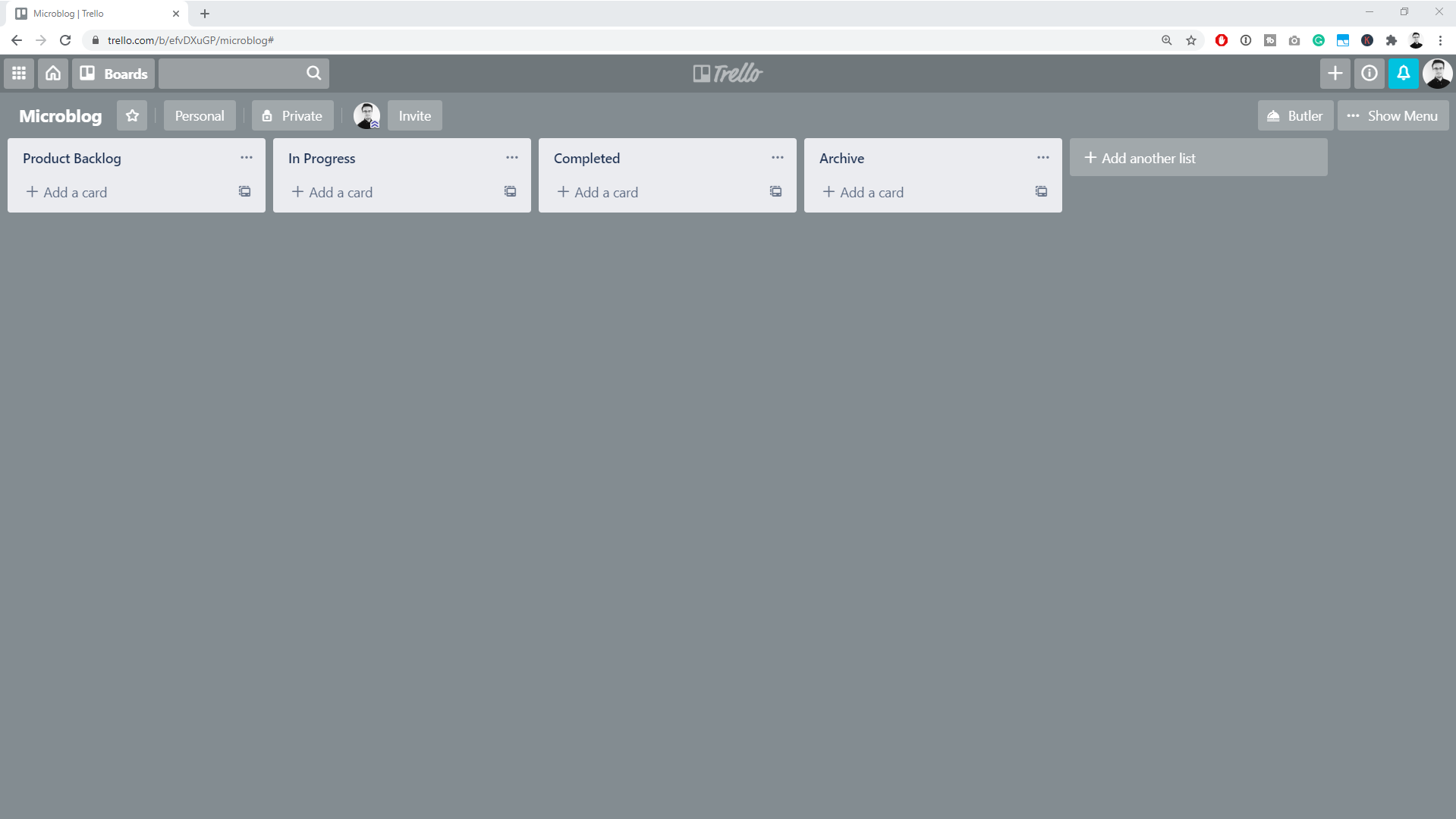 My default project layout in Trello